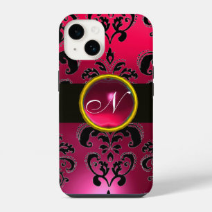 Coque Pour iPhone 14 NOIR PINK FUCHSIA DAMAS MONOGRAMME, Rubis Gemme