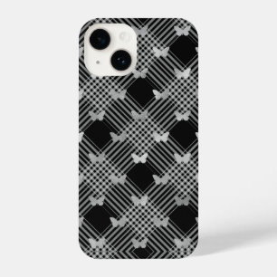 Coque Pour iPhone 14 Noir Plaid & Papillons d'argent iPhone 14 Coques