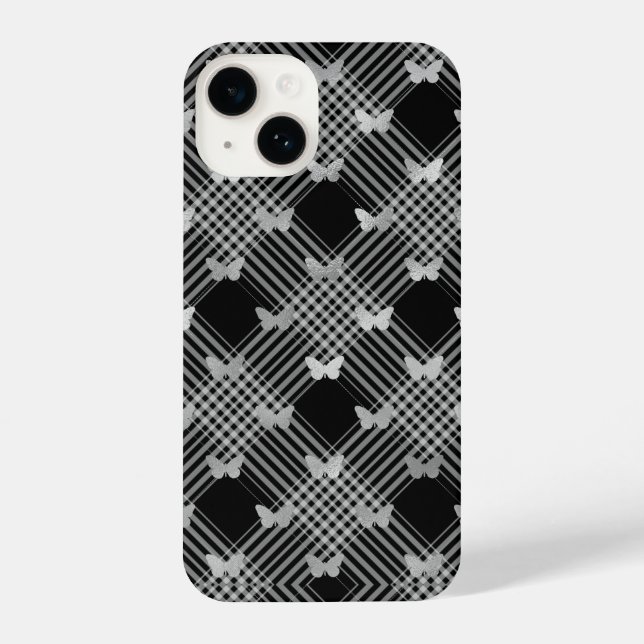 Coque iPhone Noir Plaid & Papillons d'argent iPhone 14 Coques (Verso)