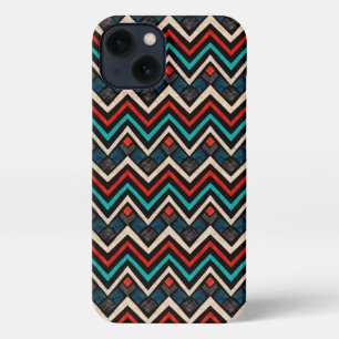 Etui iPhone 13 Noir Rouge Turquoise Beige Aztèque Motif