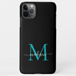 Coque iPhone 11Pro Max Noir Turquoise Monogramme vert Nom du script fémin