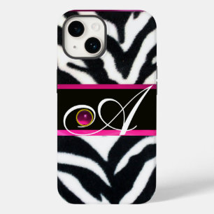 COQUE POUR iPhone 14 NOIR ZEBRA FUR FUCHSIA ROSE GEM MONOGRAM,