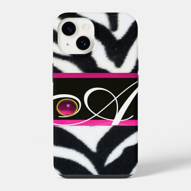 COQUE iPhone NOIR ZEBRA FUR FUCHSIA ROSE GEM MONOGRAM, (Verso)