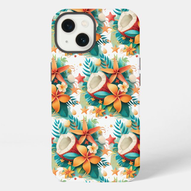 Coque iPhone Noix de coco avec fleurs et coquillages  (Verso)