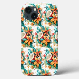 Etui iPhone 13 Noix de coco avec fleurs et coquillages