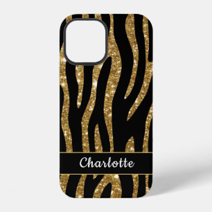 Coque iPhone 12 Nom à rayures de tigre pailleté or féminin