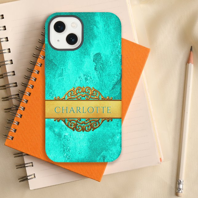 Coque iPhone Nom abstrait Aqua et Or  (Créateur téléchargé)