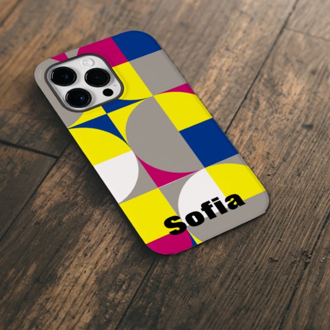 Coque iPhone Nom bleu jaune fuchsia géométrique Abstrait (Créateur téléchargé)