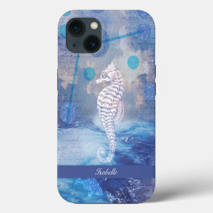 Etui iPhone 13 Nom Cheval Marin Élégant Vintage Vagues Océan Bleu