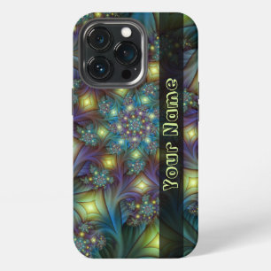 Etui iPhone 13 Pro Nom d'art fractal abstrait bleu violet illuminé