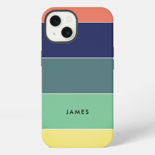 Etui iPhone 13 Nom de bloc de couleur Rayures Rétro Bleu Vert Ros