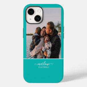 Coque Pour iPhone 14 Nom de calligraphie personnalisé bleu vert Photo