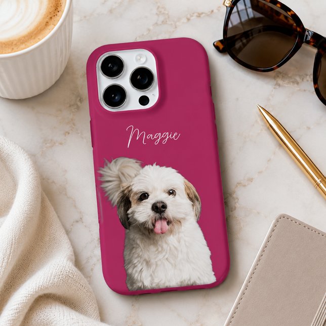 Coque iPhone Nom de chien moderne rose magenta Photo et écritur (Créateur téléchargé)