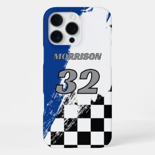 Coque iPhone 16 Pro Max Nom de course numéro bleu gris noir et blanc