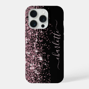 Coque iPhone 15 Pro Nom de fille rose pailleté scintillant bordure noi