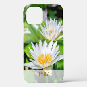 Coque iPhone 12 Nom de fleur de lotus blanc élégant personnalisé