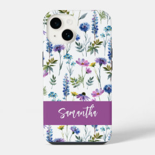 Coque Pour iPhone 14 Nom de fleur sauvage aquarelle bleu violet