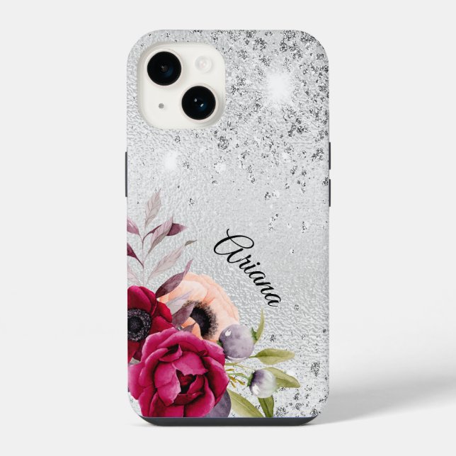 Coque iPhone nom de fleurs Bourgogne argenté (Verso)