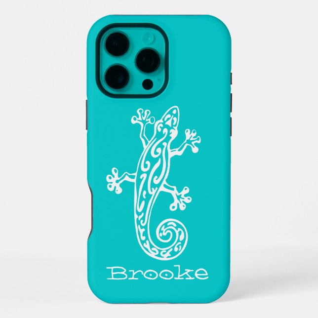 Coque iPhone Nom de lézard Gecko blanc et aqua  (Verso)