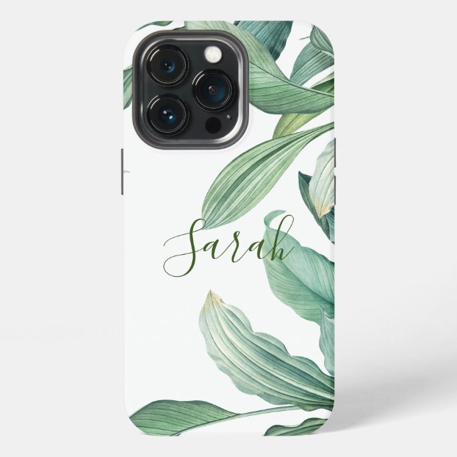Coque iPhone Nom de monogramme de feuilles tropicales vertes  (Dos)