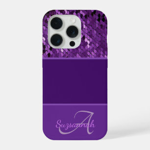 Coque iPhone 15 Pro Nom de monogramme personnalisé rayures de sequins