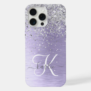 Coque iPhone 15 Pro Max Nom de monogramme violet pailleté argenté métal br