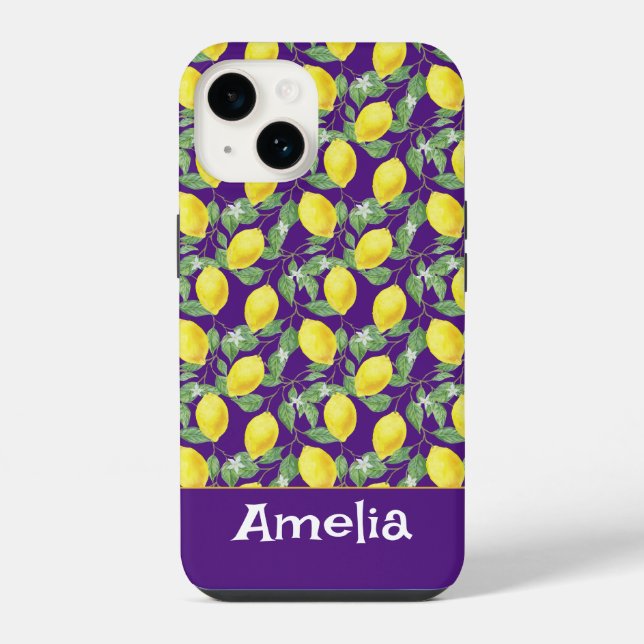 Coque iPhone Nom de motif jaune citron violet mignon (Verso)