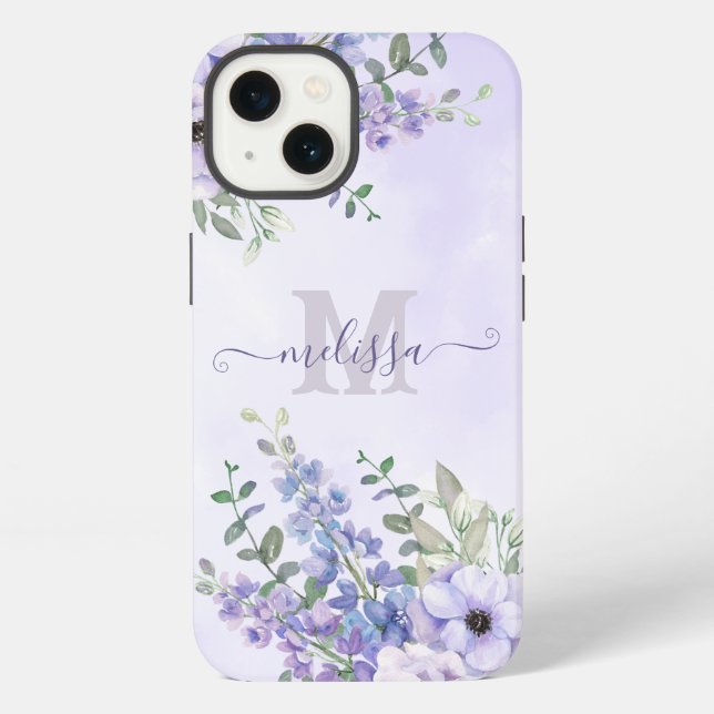 Coque iPhone Nom de script Blush Purple Fleur sauvage Monogramm (Verso)
