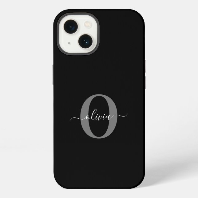 Coque iPhone Nom de script de monogramme personnalisé Noir Blan (Verso)