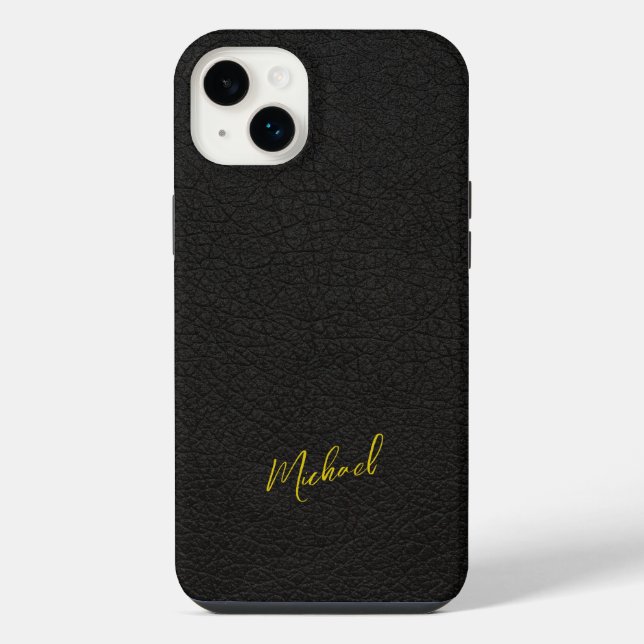 Coque iPhone Nom de script de signature de cuir noir or (Verso)