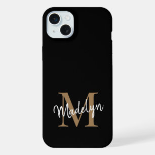 Coque iPhone 15 Plus Nom de script féminin Monogramme Or Noir Moderne