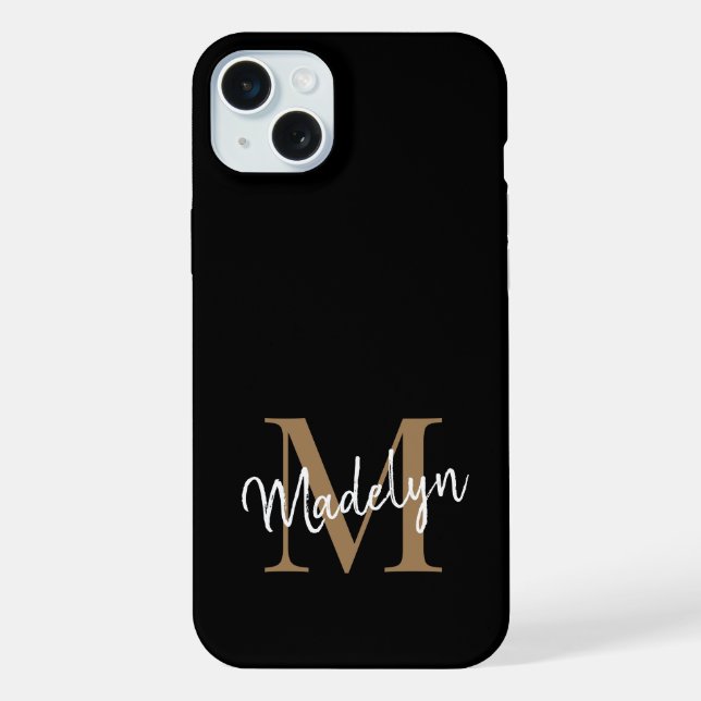 Coque iPhone Nom de script féminin Monogramme Or Noir Moderne (Verso)