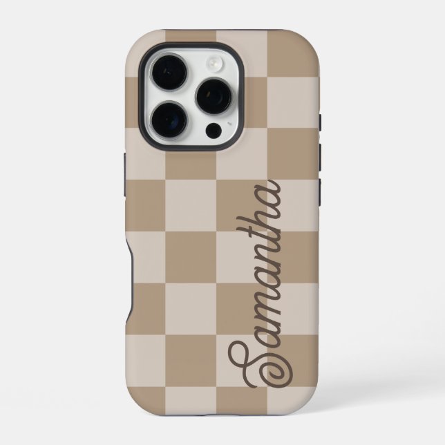 Coque iPhone Nom de script Taupe Beige Checkers (Verso)