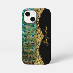 Etui iPhone 13 Mini Nom de script vintage paillettes or plume de paon