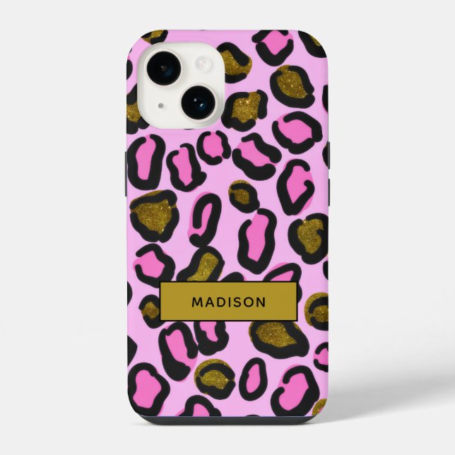 Coque iPhone Nom de style Gold Pink Pailleté Imprimé Léopard (Verso)