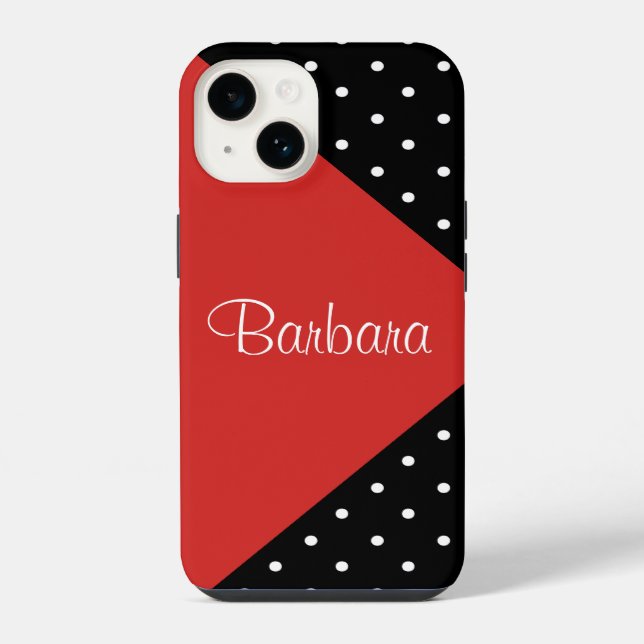 Coque iPhone Nom diagonal à pois rouges et noirs contrastés (Verso)