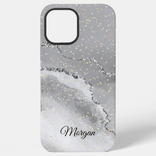 Coque iPhone 12 Pro Max Nom DIY Black & White Agate argentée et Étoiles do