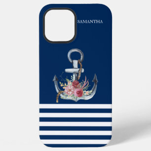 Coque iPhone 12 Pro Max Nom du bateau, fleurs d'ancre bleu marine rayé