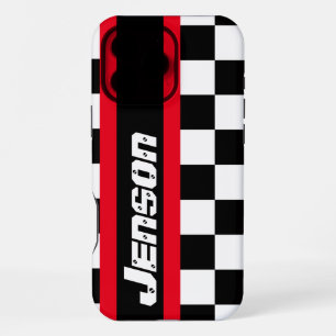 Coque iPhone 16 Pro Max Nom du drapeau à damiers sport automobile de cours