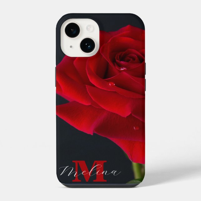 Coque iPhone Nom du monogramme classique de Rose rouge (Verso)