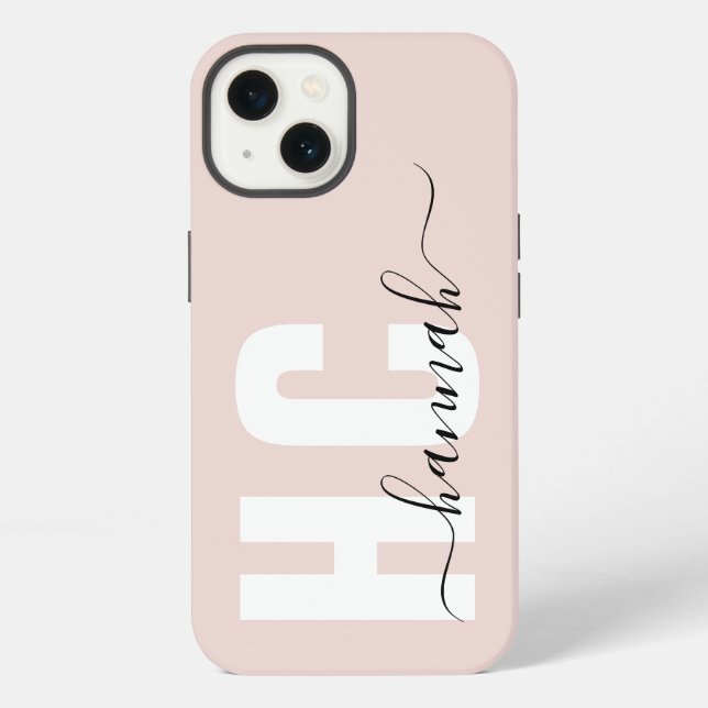 Coque iPhone Nom du monogramme de script rose pâle (Verso)