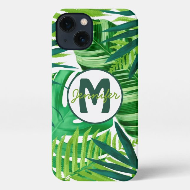 Coque iPhone Nom du monogramme des Feuilles tropicaux verts (Verso)