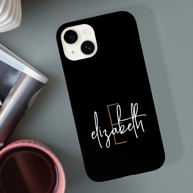 Coque iPhone Nom du monogramme d'or noir moderne (Créateur téléchargé)