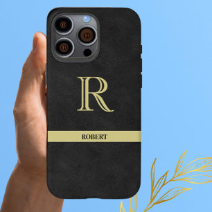 Coque iPhone 16 Pro Max Nom du monogramme en cuir noir Or