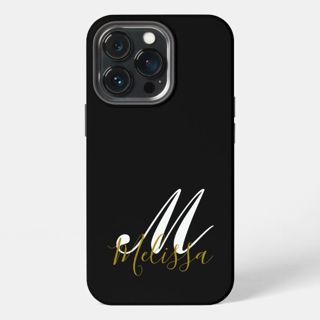 Coque iPhone Nom du monogramme noir or et blanc (Dos)