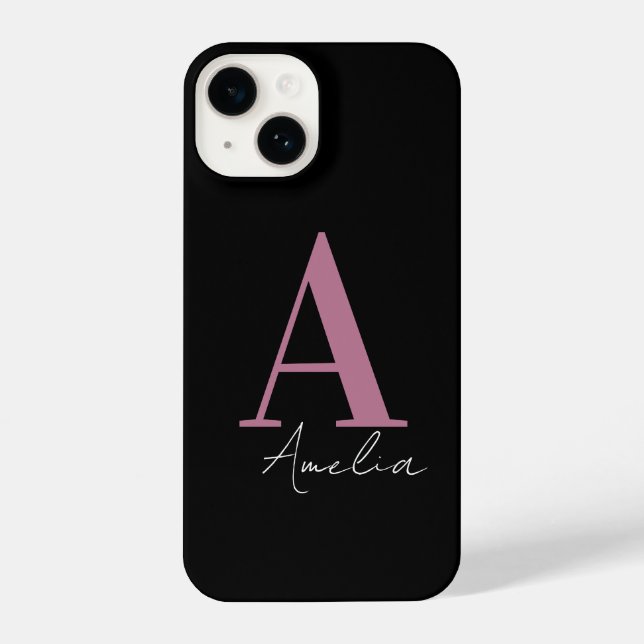 Coque iPhone Nom du monogramme rose noire (Verso)