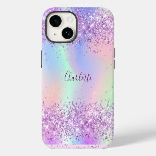 Coque Pour iPhone 14 Nom écriture rose violet holographique