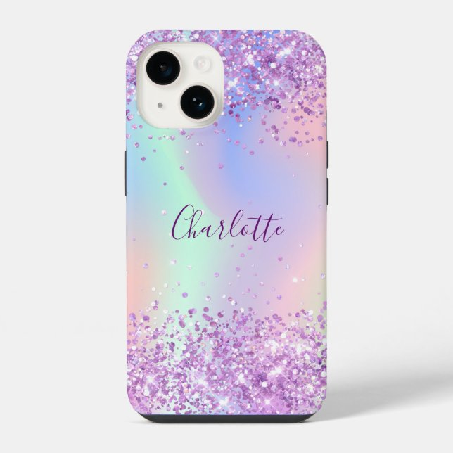 Coque iPhone Nom écriture rose violet holographique (Verso)