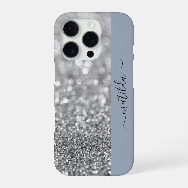 Coque iPhone Nom ÉDITABLE Parties scintillant Bokeh argent & bl (Verso)