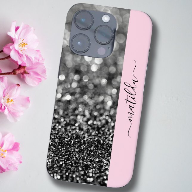 Coque iPhone Nom ÉDITABLE Parties scintillant Bokeh graphite &  (Créateur téléchargé)